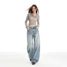 批发爆款美式复古直筒<b class='q'>牛仔裤</b>女2025春季宽松<b class='q'>绣花</b>垂感休闲阔腿拖地裤子