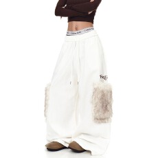 批发美式复古毛绒大口袋褶皱工装裤男<b class='q'>女</b>设计感宽松阔腿裤<b class='q'>潮</b>