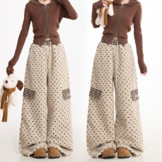 批发NERES冬季羊羔毛棉<b class='q'>裤</b>女<b class='q'>条纹</b>五角星贴布绣宽松保暖毛绒阔腿<b class='q'>裤</b>