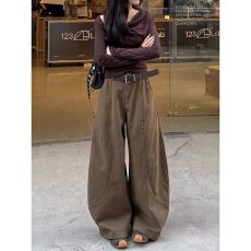 批发美式复古咖色廓形弯刀牛仔裤男女春夏新款痞帅宽松休闲阔腿工装裤