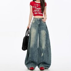 批发破洞弯刀阔腿牛仔裤女秋2025新款美式复古高腰直筒宽松显瘦镰刀裤