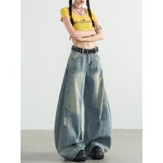 批发破洞弯刀阔腿牛仔裤女秋2025新款美式复古高腰直筒宽松显瘦镰刀裤