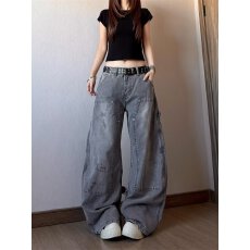 批发美式高街复古拼接直筒工装牛仔裤男宽松2025新款水洗痞帅伐木裤子