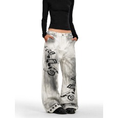 批发美式复古做旧脏染音符印花牛仔裤男宽松小众设计阔腿裤