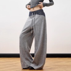 批发美式复古格纹拼接抽绳卫裤新款小众潮流<b class='q'>百搭</b>阔腿男女休闲裤子