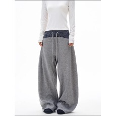 批发美式复古格纹拼接抽绳卫裤新款小众潮流<b class='q'>百搭</b>阔腿男女休闲裤子