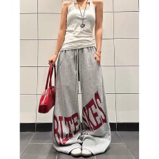 批发美式复古字母印花卫裤男女宽松直筒阔腿拖地<b class='q'>百搭</b>长裤子辣妹