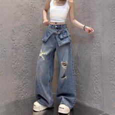 批发破洞阔腿牛仔裤女春夏新款高腰大码<b class='q'>胖</b><b class='q'>MM</b>宽松显瘦垂感直筒拖地长裤