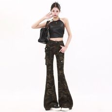 批发春季新款法式迷彩牛仔喇叭裤<b class='q'>女</b>气质高腰辣妹微喇裤工<b class='q'>装裤</b>潮