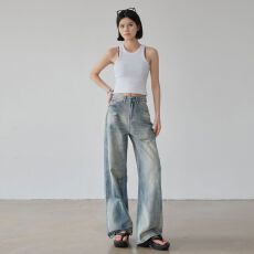 批发美式大码破洞牛仔裤女2026设计感水洗复古新款磨破宽松显瘦阔腿裤
