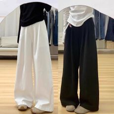 批发褶皱肌理设计白色牛仔裤新款大码女装遮肉宽松拖地直筒阔腿长裤子