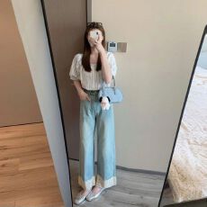 批发浅色阔腿牛仔裤女春季高腰显瘦设计感花边拼接九分直筒裤休闲裤子