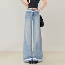 批发春季新款蕾丝花边大码胖mm梨形身材微喇叭裤女百搭显瘦阔腿牛仔裤