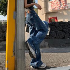 批发美式宽松低腰大码微喇牛仔裤女春季新款小个子拖地胖mm直筒阔腿裤