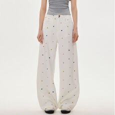 批发小花刺绣窄版直筒牛仔<b class='q'>裤</b>女2025年新款高腰显瘦小个子阔腿<b class='q'>裤</b>