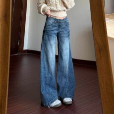 批发磨白胖mm牛仔<b class='q'>裤</b>女秋季大码复古折痕低腰辣妹宽松显瘦百搭拖地<b class='q'>裤</b>子