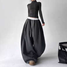 批发美式冬季简约<b class='q'>运动</b>风撞色双腰头抽绳休闲裤<b class='q'>男</b>女灰色宽松直筒阔腿裤