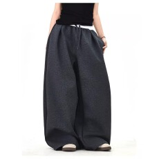 批发美式冬季简约<b class='q'>运动</b>风撞色双腰头抽绳休闲裤<b class='q'>男</b>女灰色宽松直筒阔腿裤