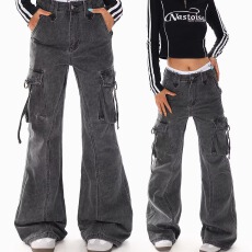 批发美式复古多口袋工装微喇<b class='q'>牛仔裤</b><b class='q'>男</b>女春秋季vibe街头宽松直筒长裤潮