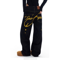 批发美式潮牌字母印花黑色<b class='q'>牛仔裤</b>男女宽松街头嘻哈阔腿休闲长裤