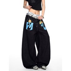 批发潮女星星字母黑色<b class='q'>牛仔裤</b>直筒宽松显瘦街头嘻哈情侣学生长裤秋