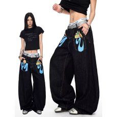 批发潮女星星字母黑色<b class='q'>牛仔裤</b>直筒宽松显瘦街头嘻哈情侣学生长裤秋