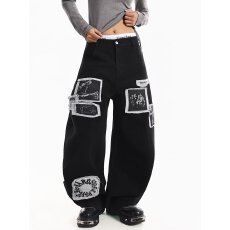 批发原创美式复古贴布直筒宽松牛仔阔腿<b class='q'>裤</b><b class='q'>男女</b><b class='q'>百搭</b>街头显瘦长<b class='q'>裤</b>子