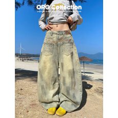 批发美式复古做旧辣妹弯刀牛仔<b class='q'>裤</b>女秋季高街设计感宽松<b class='q'>显瘦</b>垂感阔腿<b class='q'>裤</b>