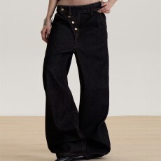 批发美式复古设计感拼接腰头直筒<b class='q'>牛仔</b>裤女秋季新款休闲宽松显瘦阔腿裤