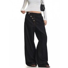 批发美式复古设计感拼接腰头直筒<b class='q'>牛仔</b>裤女秋季新款休闲宽松显瘦阔腿裤