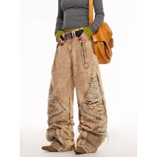 批发欧美式重工复古街头工装风无性别<b class='q'>牛仔</b>裤男女宽松休闲破洞阔腿裤