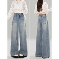 批发浅蓝色阔腿牛仔裤女宽松垂感2026秋冬高腰显瘦大码直筒拖地裤
