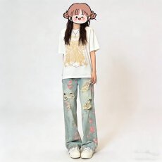 批发美式废土风破洞多口袋工装牛仔裤潮牌高腰宽松显瘦设计感拖地<b class='q'>长裤</b>