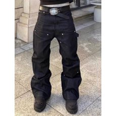批发美式复古vibe拼接工装黑色牛仔裤<b class='q'>男</b>士2026春季潮流膝盖伐木长<b class='q'>裤子</b>
