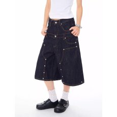 批发美式复古黑灰色牛仔中裤女夏季新款高腰小个子直筒阔腿裤七分裤子