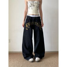 批发美式复古反穿刺绣黑色弯刀牛仔裤女高腰设计宽松直筒阔腿休闲裤子