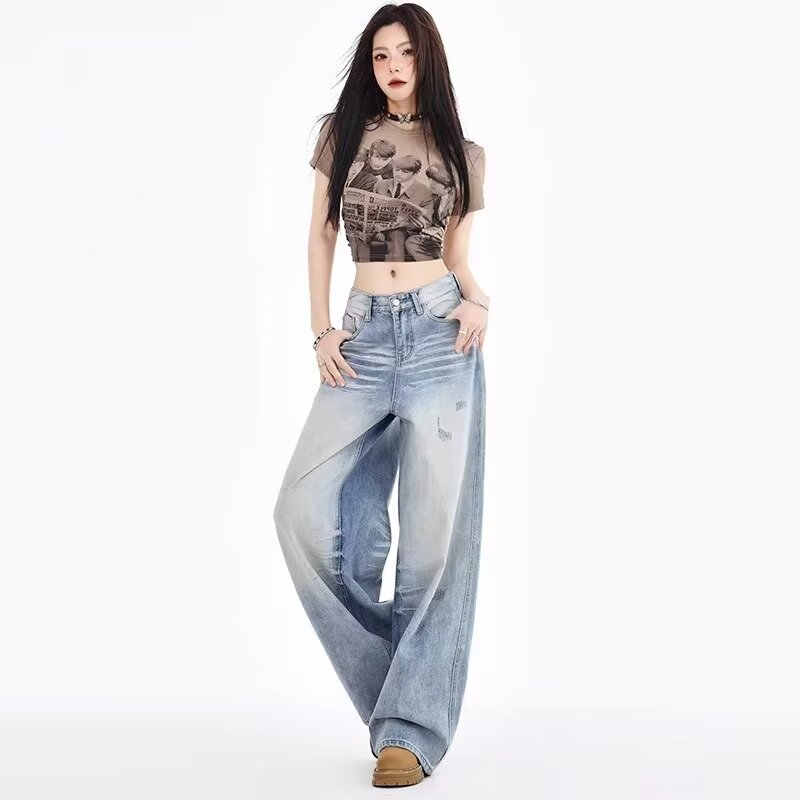 청바지 봄 가을 새로운 아메리칸 레트로 바닥 청소 바지 루즈핏 스트레이트 높음 거리 조수 브랜드 다용도 캐주얼 바지