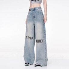 批发港风复古牛仔裤女高腰2026新款遮跨宽松显瘦水印直筒阔腿拖地裤