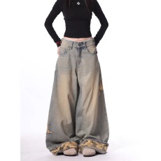 批发美式星星贴布迷彩拼接牛仔裤男女水洗做旧弯刀阔脚长裤子