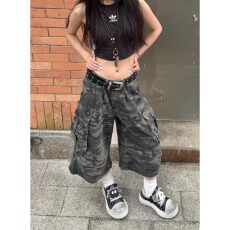 批发美式复古迷彩<b class='q'>牛仔</b>七分裤<b class='q'>男</b>女夏季辣妹炸街低腰宽松多口袋工装<b class='q'>短裤</b>