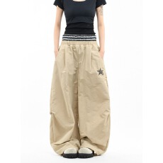 批发OV<b class='q'>原创</b>美式双腰头拼接褶皱弯刀休闲裤女宽松运动跳舞伞兵阔腿裤潮