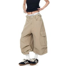 批发美式复古褶皱多口袋七分裤男女夏季宽松休闲阔腿工装裤牛仔短裤潮