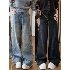 批发蓝色复古水洗重工烫钻牛仔裤女2026新款<b class='q'>冬</b>季巨好看亮闪闪直筒裤子