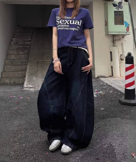 아메리칸 레트로 패치워크 해체 시리즈 명시적 스티치 모통이 칼 프로필 모양 검정색 청바지 루즈핏 디자인 센스 와이드 레그 팬츠 어린이