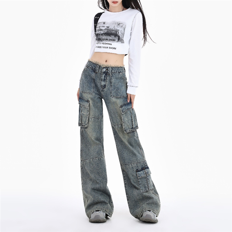 아메리칸 높음 거리 청바지 남자 트렌드 거리 악당 잘 생긴 워크웨어 팬츠 청소년 루즈핏 레트로 워싱 스트레이트 바지