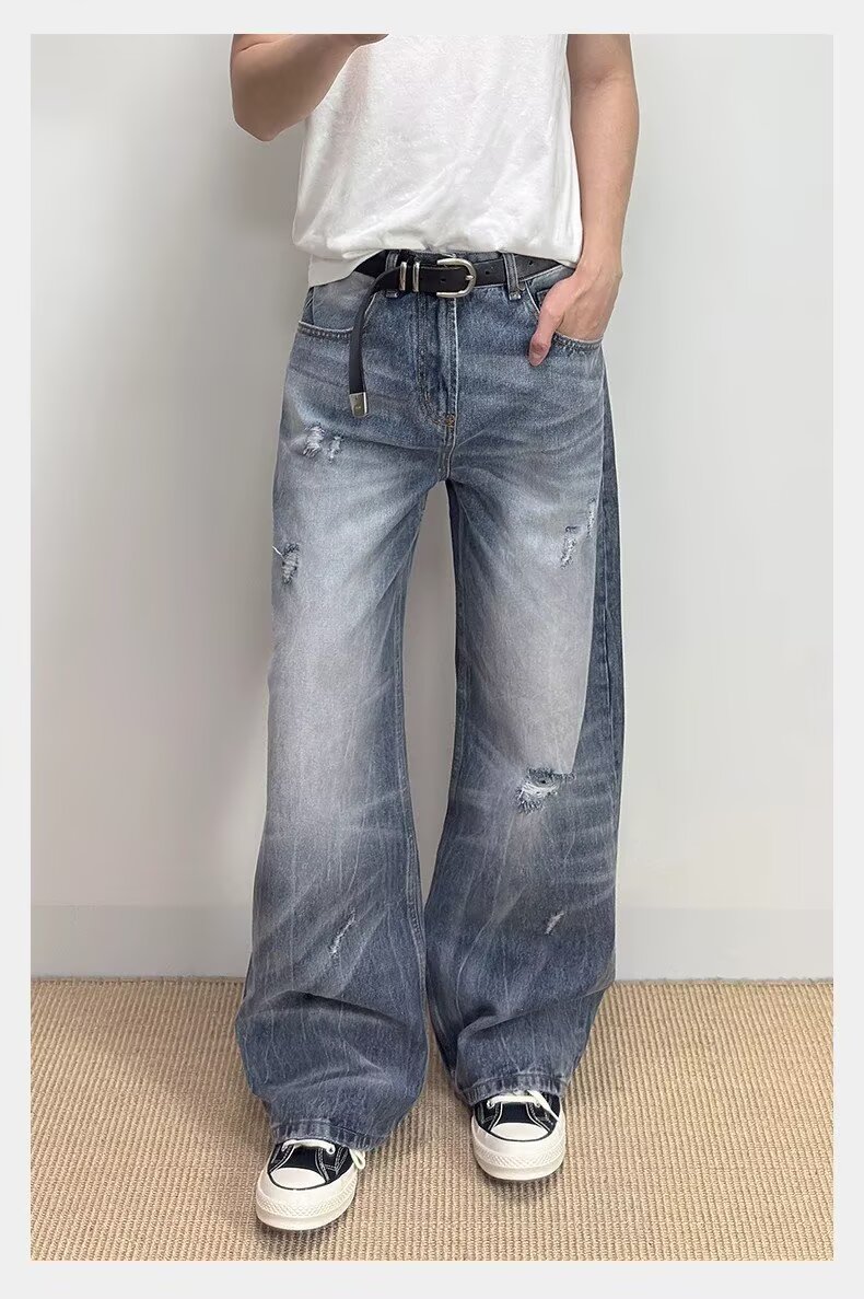 봄 가을 찢어진 부분 청바지 항구 바람 조수 브랜드 워크웨어 루즈핏 긴 바지 할란 캐주얼 빅 사이즈 스트레이트 바지