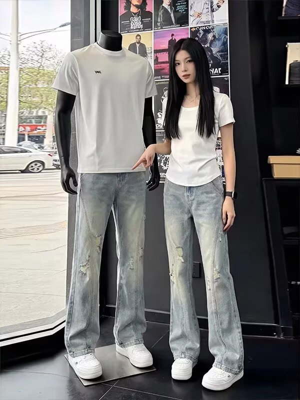 아메리칸 레트로 경 사진 찢어진 부분 청바지 남성 여름 조수 브랜드 높음 거리 바지 스트레이트 부츠컷 바지