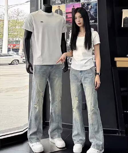 아메리칸 레트로 경 사진 찢어진 부분 청바지 남성 여름 조수 브랜드 높음 거리 바지 스트레이트 부츠컷 바지