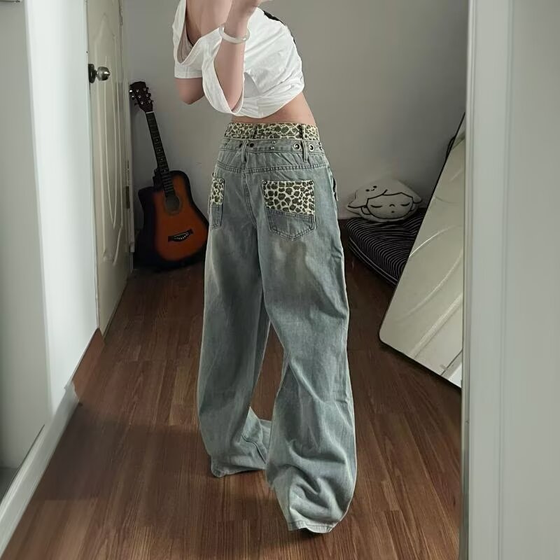 아메리칸 레트로 핫걸 불규칙 가져 가라. 조각 패치워크 청바지 아이들 새로운 마 오래된 워싱 디자인 센스 바닥 청소 바지