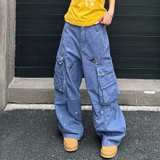 新款潮流慵懒美式重磅法工蓝水洗贴布工装裤男女宽松阔腿口袋长裤